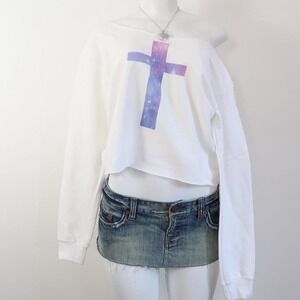 y2k galaxy cross graphic off shoulder cropped sweatshirt tumblr